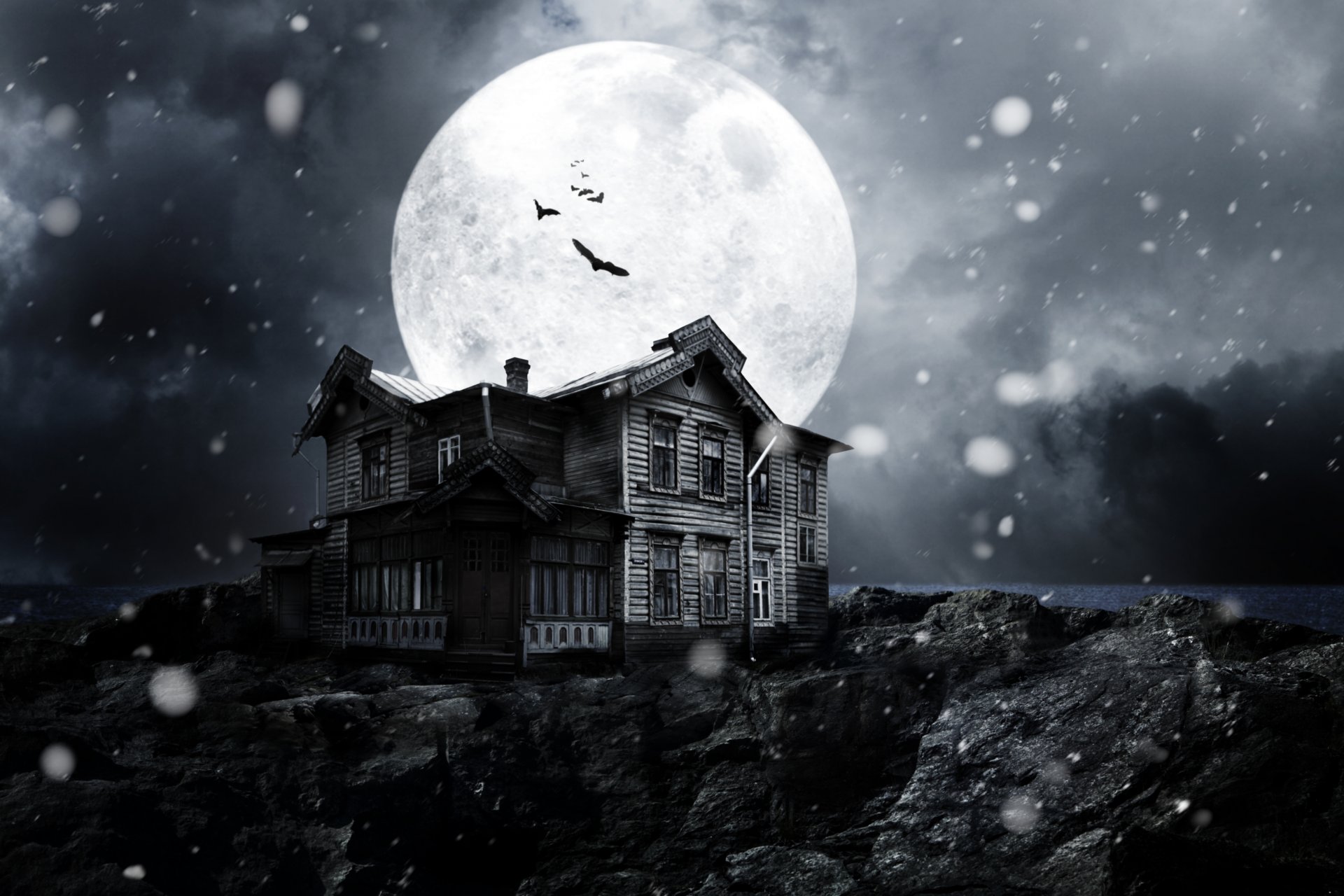 haunted house full moon moonlight moon bats snow night midnight creepy creepy dark dark horror abandoned ghost house abandoned ghost house