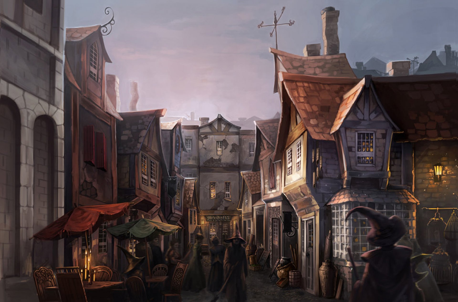 harry potter callejón oblicuo fan art diagon alley magos calle casas noche luz velas ventanas