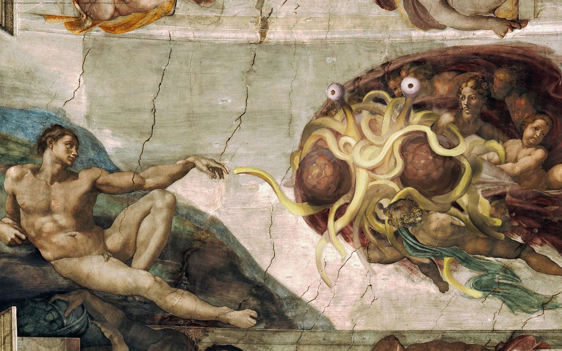 fliegendes spaghetti-monster gott pastafarianismus religion adam engel fliegendes pasta-monster fleischbällchen gemälde sixtinische kapelle