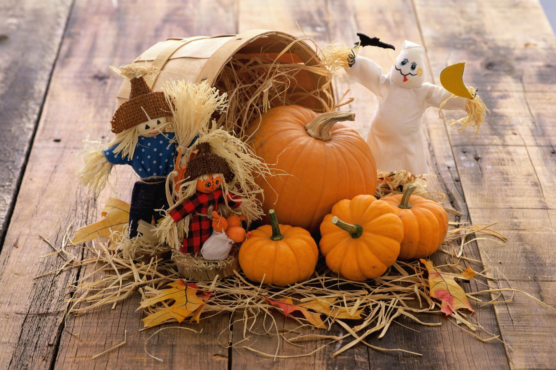 calabazas verduras otoño juguetes paja cesta tablas