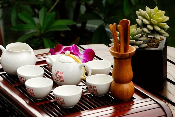 Still life of a teapot with cups in the east