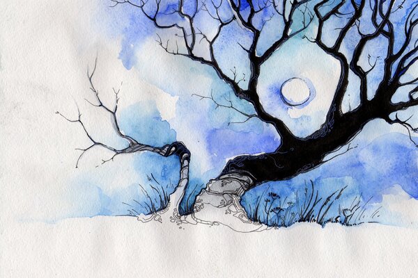 Amazing drawing of a tree under a blue moon