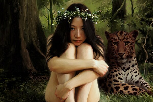 A girl is sitting next to a leopard