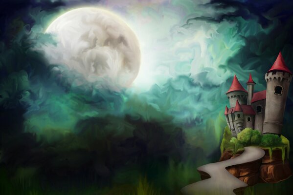 Painted castle on the background of the moon rising from dark clouds