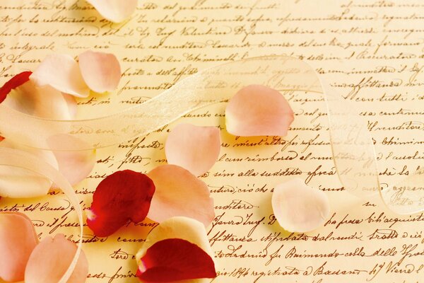 Lettera scritta a mano e cosparsa di petali di rosa