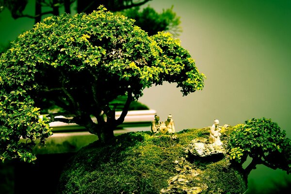 Mini Bonsai-Baum-Komposition und Menschenfiguren