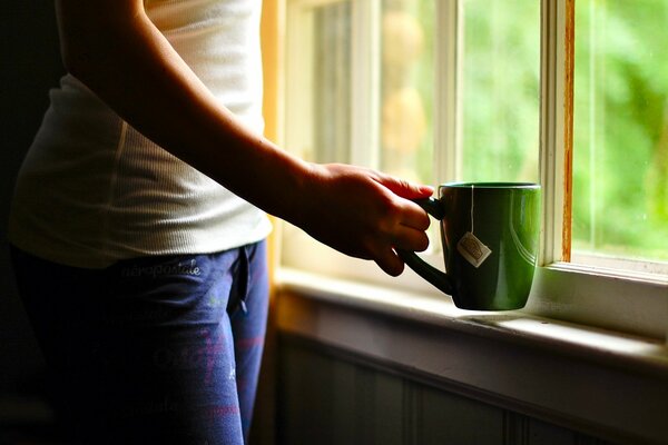 Es steht am Fenster, wie immer ist eine grüne Tasse Tee in der Hand, und der Frühling ist am Fenster angekommen - der grüne Frühling ist gekommen