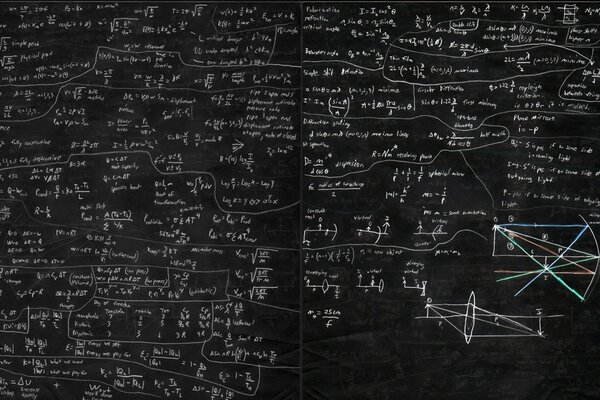 On a dark gray blackboard, many mathematical formulas are written in chalk