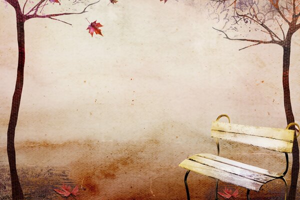 A bench in the autumn forest screensaver