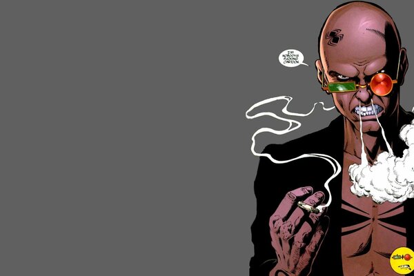 A comic book character smokes a cigarette and lets smoke out of his nostrils