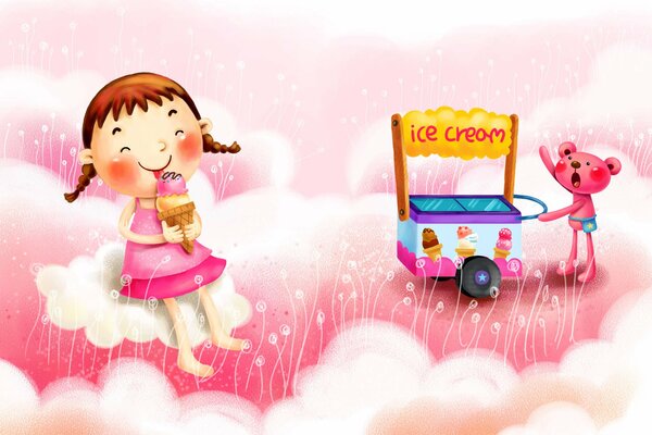 Drawing. A girl eats ice cream