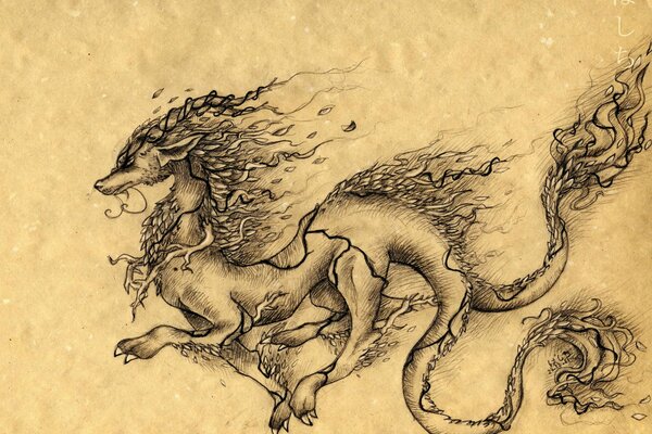 Drawing of a fire dragon on parchment