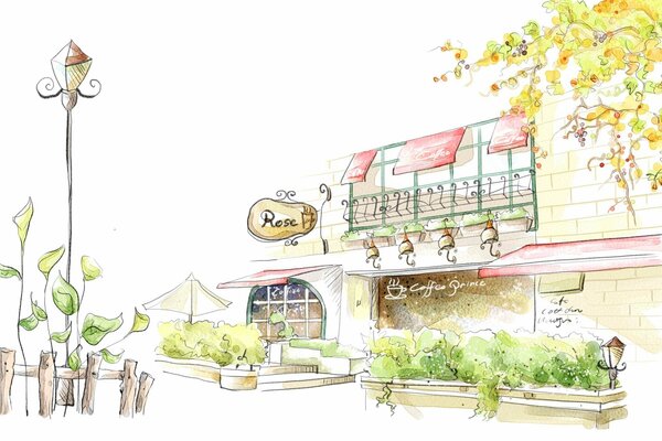 Watercolor drawing of the coffee shop facade