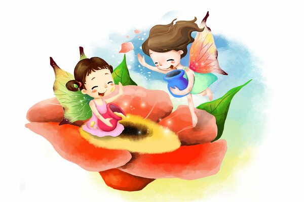 Two fairy girls collect pollen from a flower and laugh