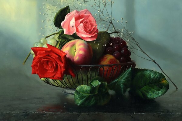 Composition of fruits and flowers in a basket