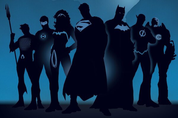 Silhouetten von Superhelden der Justice League auf blauem Hintergrund