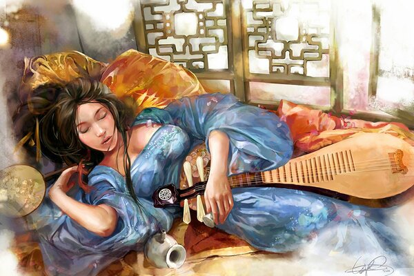 A girl in blue clothes sleeps with a lute in her hands