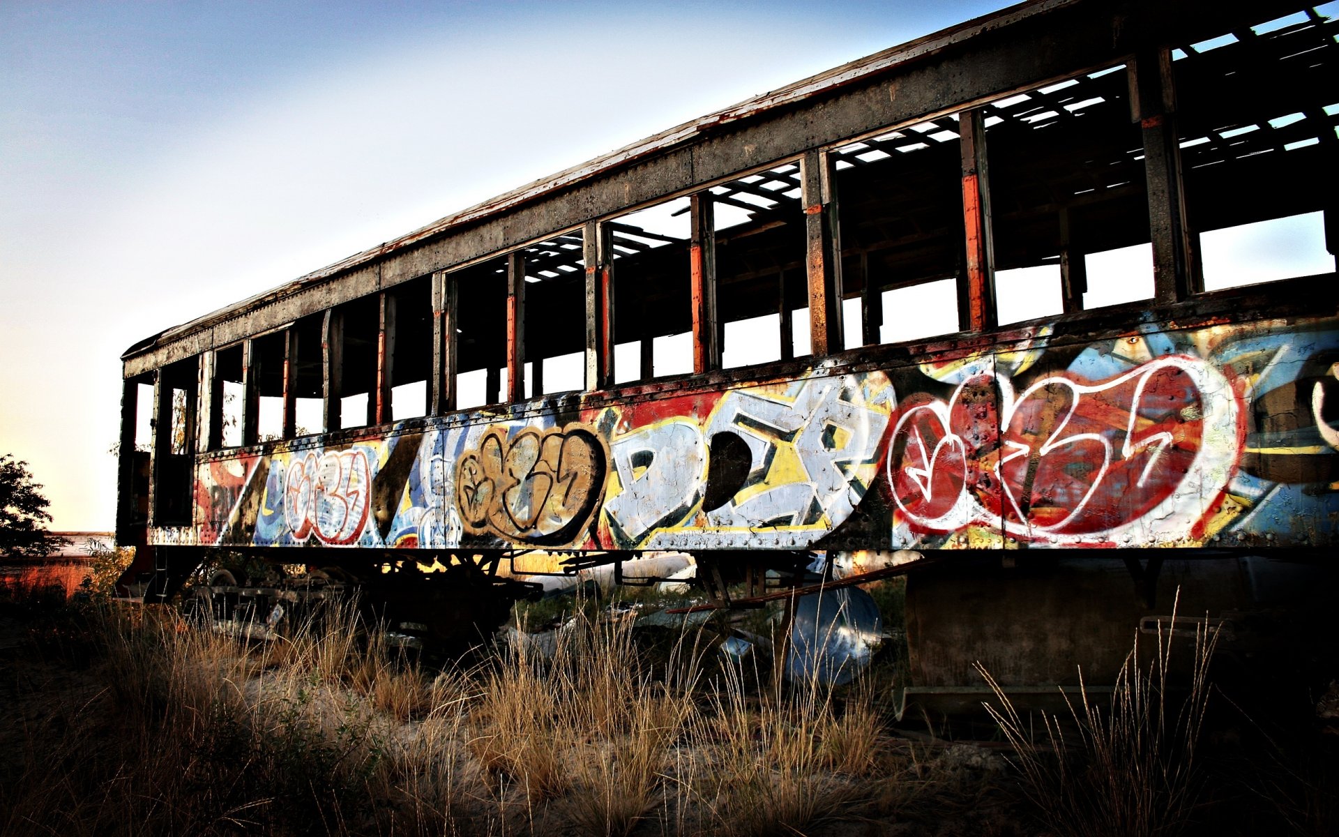 car the tram graffiti abandoned