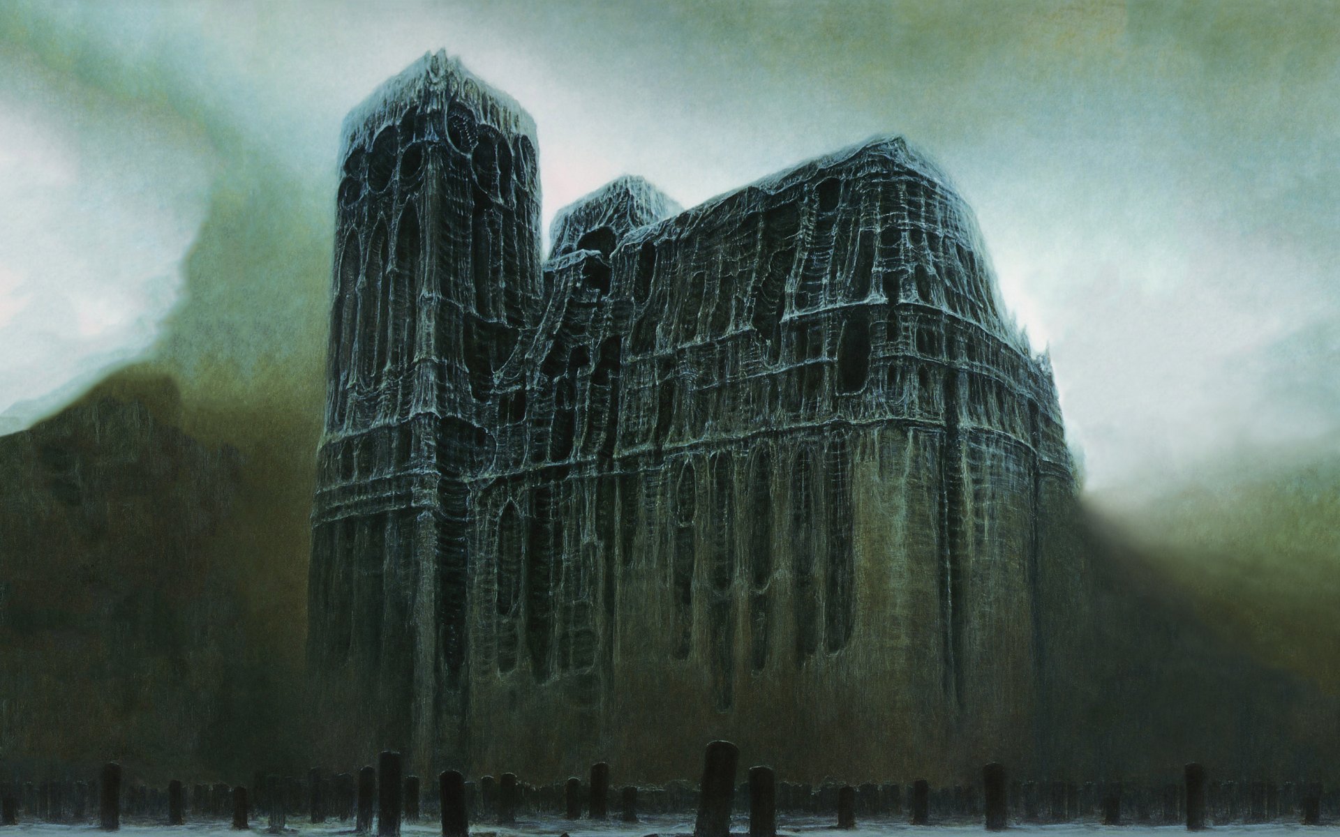 zdislav beksinski zdislav beksinski cimetière pierres tombales dalles cathédrale ossements ténèbres surréalisme post-apocalyptique