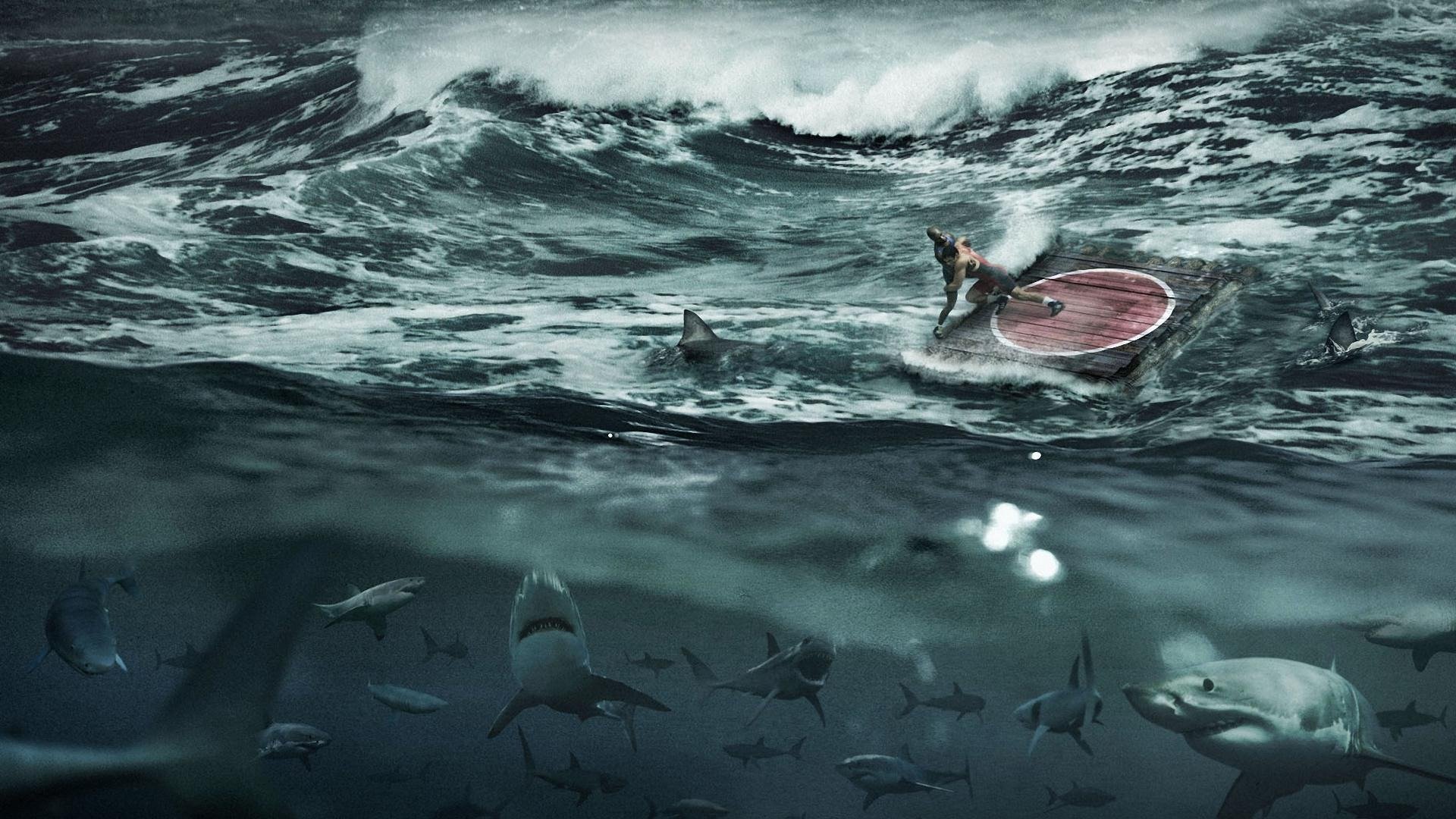 mare tempesta onde squali lottatori