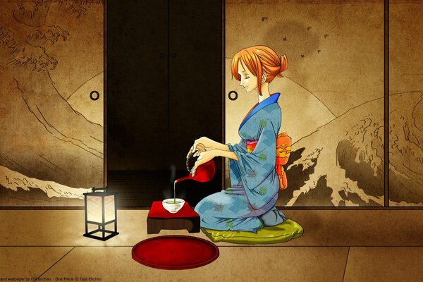 Drawing of a geisha in a Japanese kimono with tea