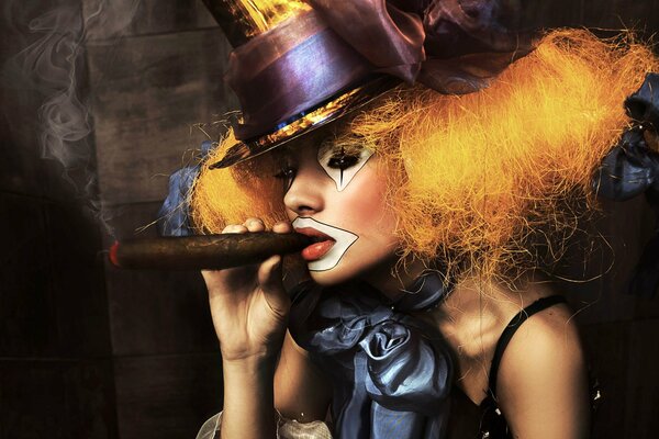 A clown girl in a hat with a cigar and a bow