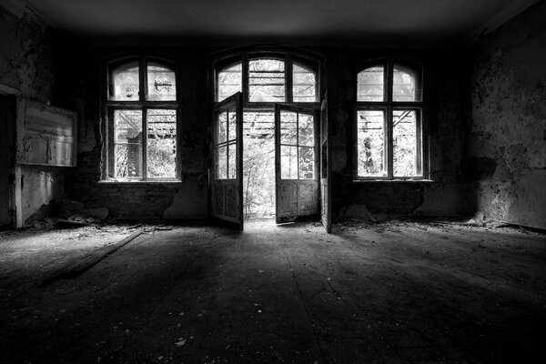 The abandoned room of the house is black and white