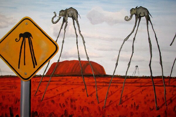 Painting by salvador dali elephants in a red field with long legs