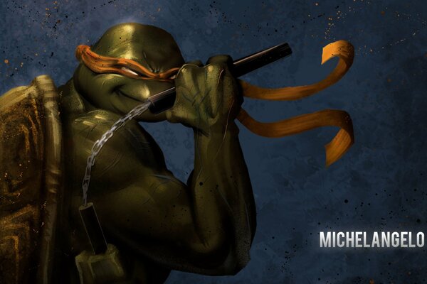 Michelangelo s Teenage Mutant ninja Turtle holds a nunchakin