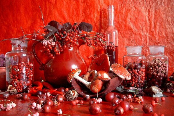 Nature morte de champignons et de baies en rouge