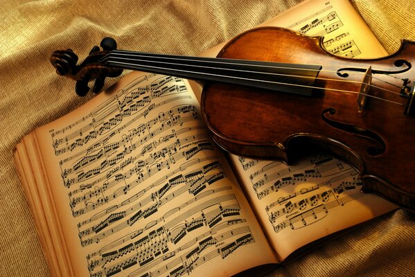 Violin on the background of a book with sheet music