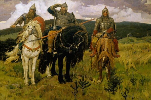 Il classico Vasnetsov di Viktor Mikhailovich sui tre eroi sui cavalli