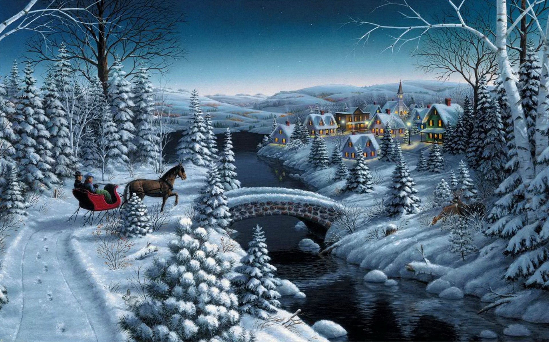 mark daehlin peace on earth painting winter snow spruce christmas tree house village river bridge wagon sledge horse star night new year christma