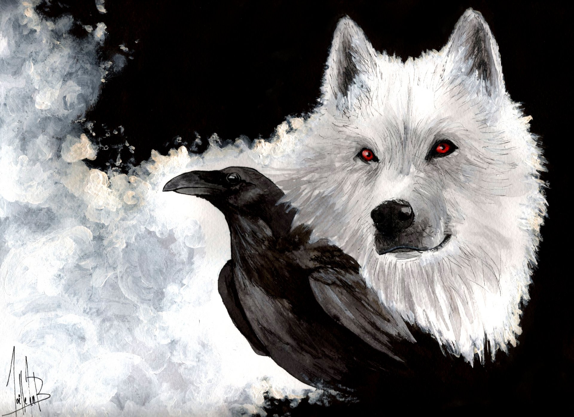 game of thrones schnee geist wolf weiß blick rabe schnabel malerei kunst