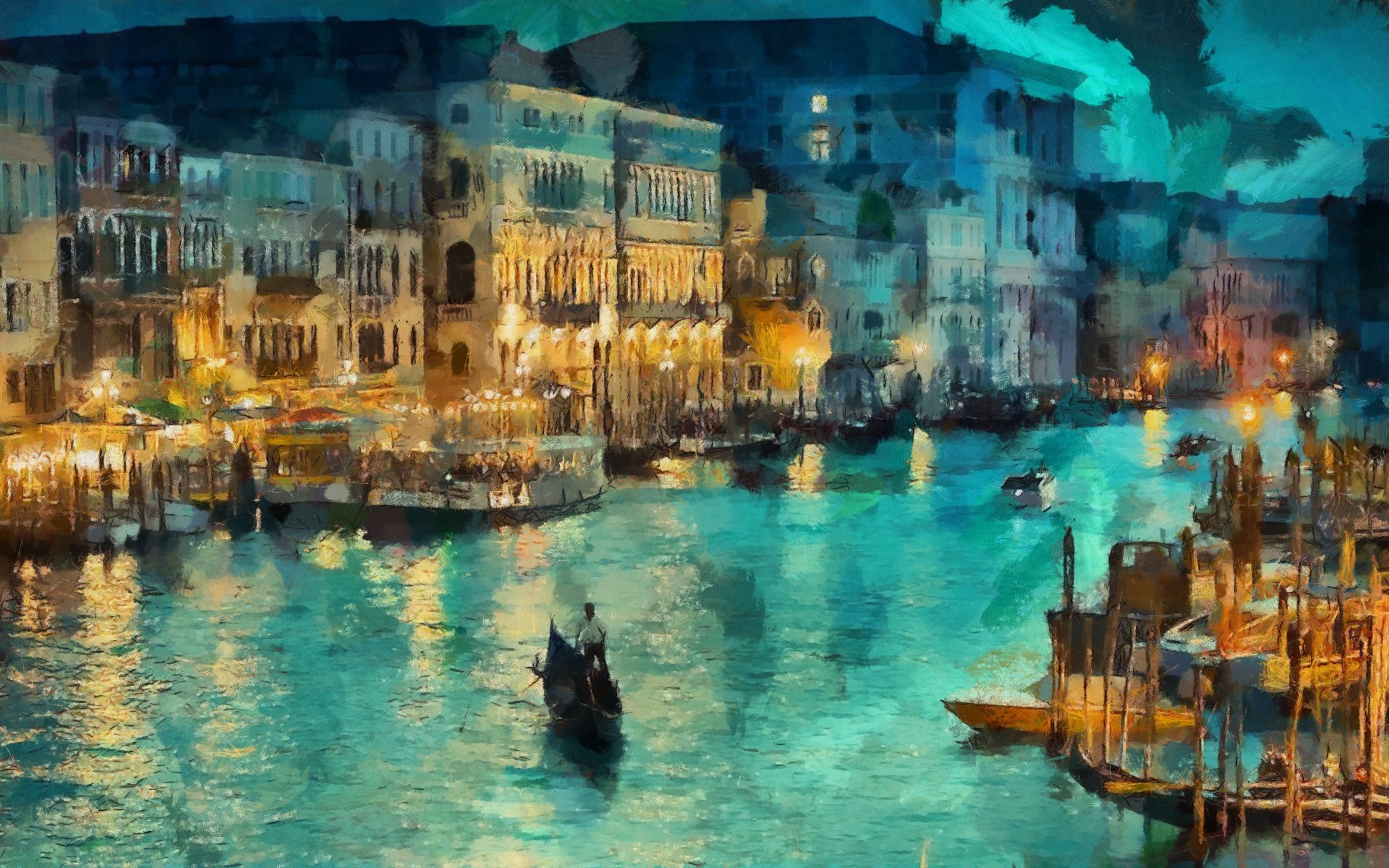 art italie venise canal nuit lumières maison gondole bateaux lumière