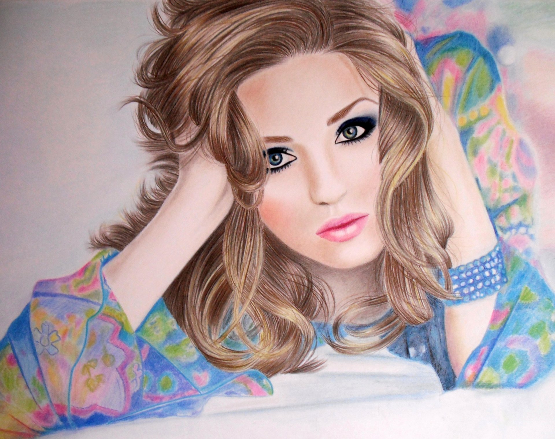 painting girl face make-up eyes lips hair curls blonde hands bracelet i