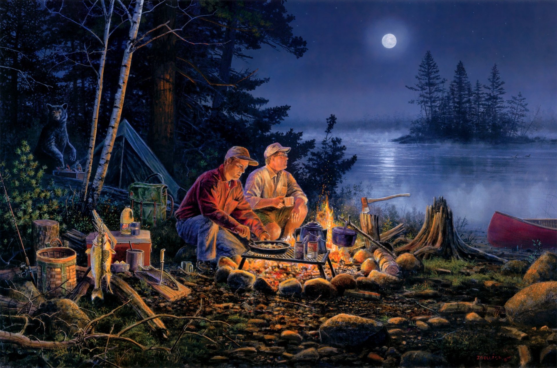 scott zellick devinez qui viendra dîner nuit lune forêt tente ours situations invité non invité pêche feu de joie dîner eau rivière lac