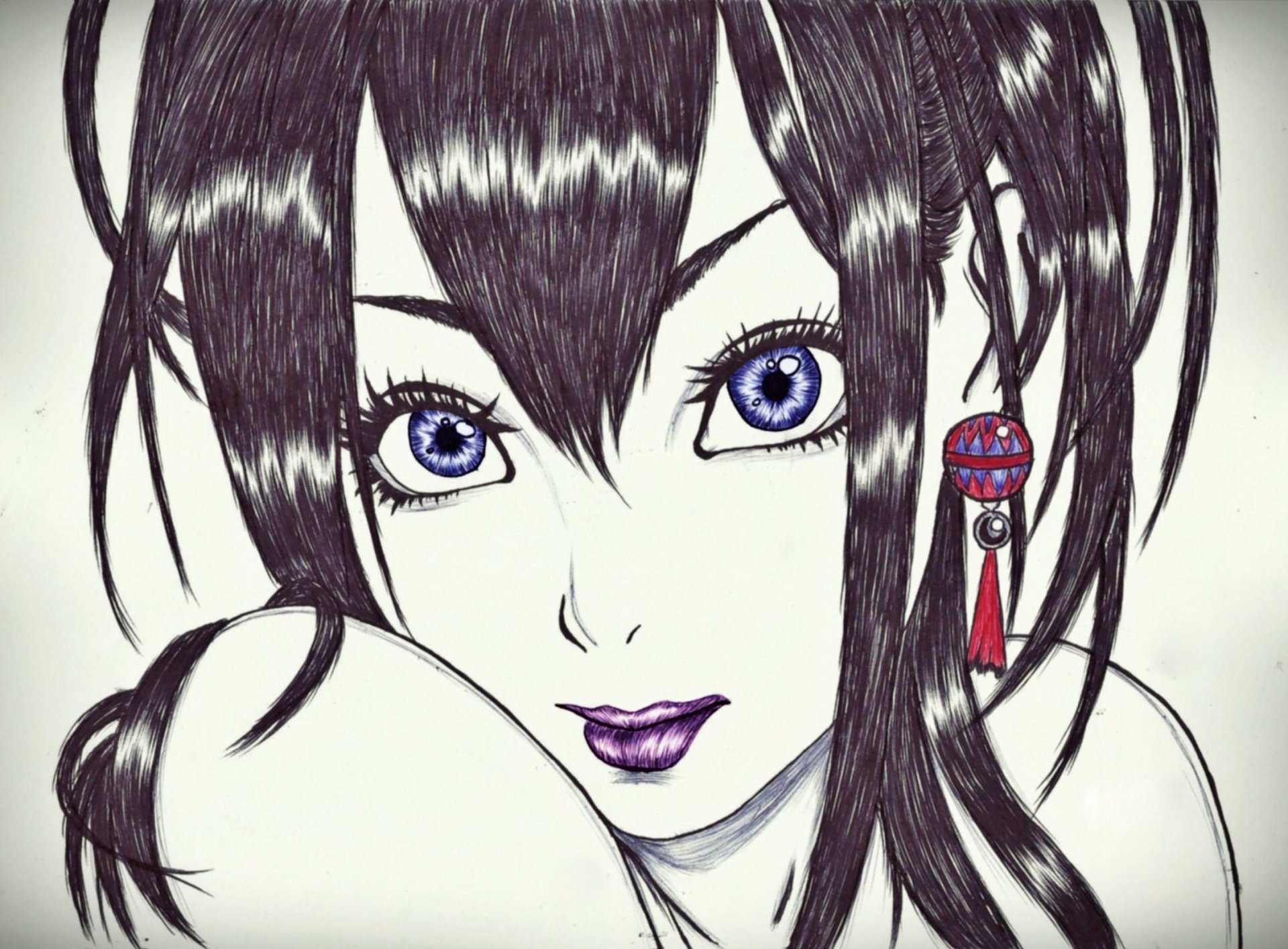 peinture anime fille visage yeux lèvres cils regard cheveux épaules fond blanc