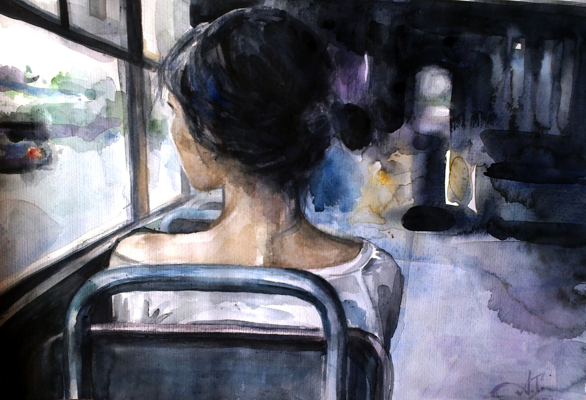 art fille bus solitude