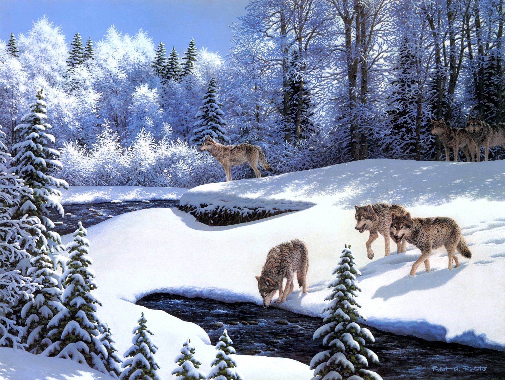 robert a. richert auf der jagd malerei tiere wölfe wolfsrudel fluss schnee winter märchenwald frost