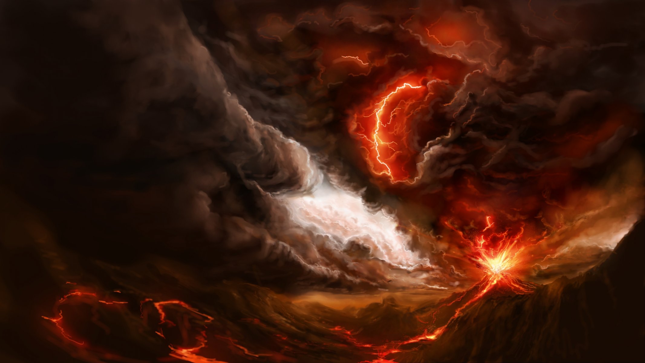 art volcano mountain lava fire smoke eruption lightning the storm storm cloud