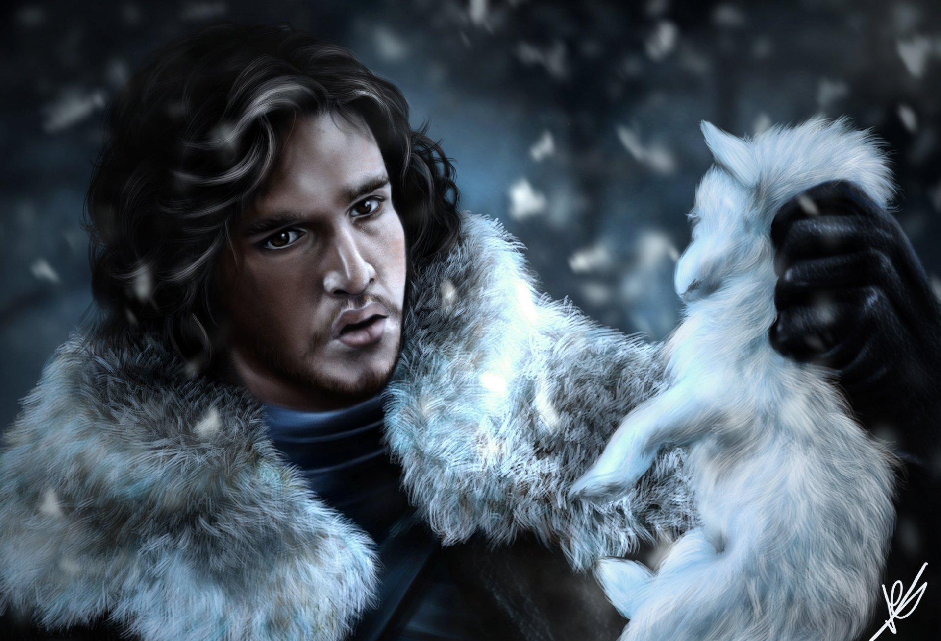 jon snow gra o tron gry o tron strażnik facet twarz wilk malarstwo sztuka