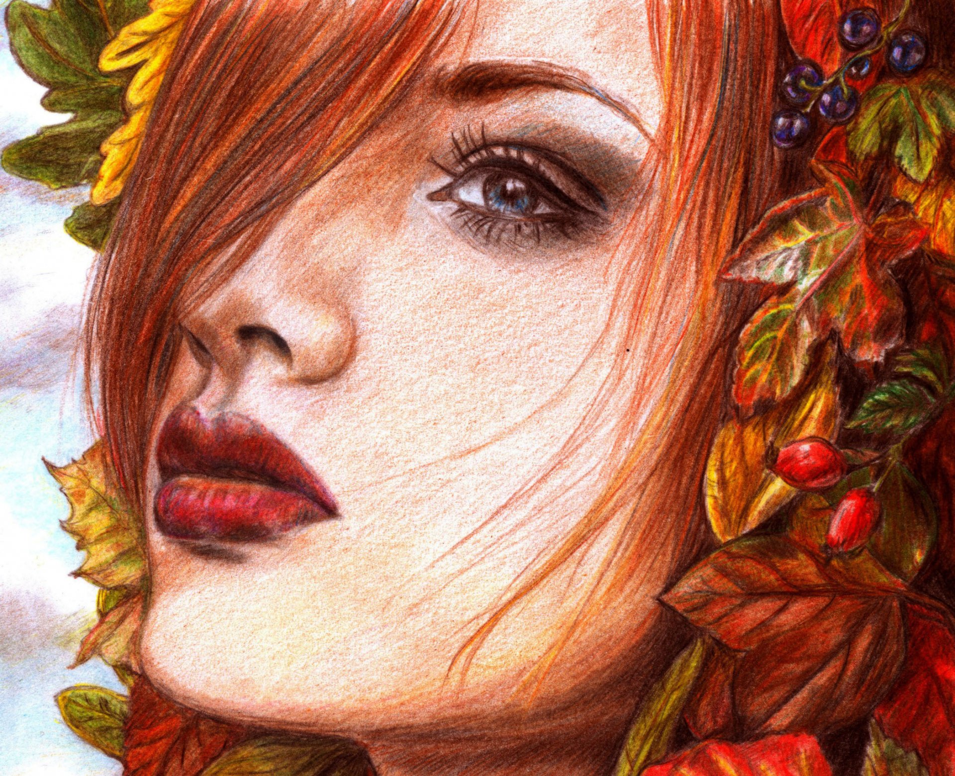 pittura ragazza viso trucco sguardo labbra rosse capelli foglie bacche