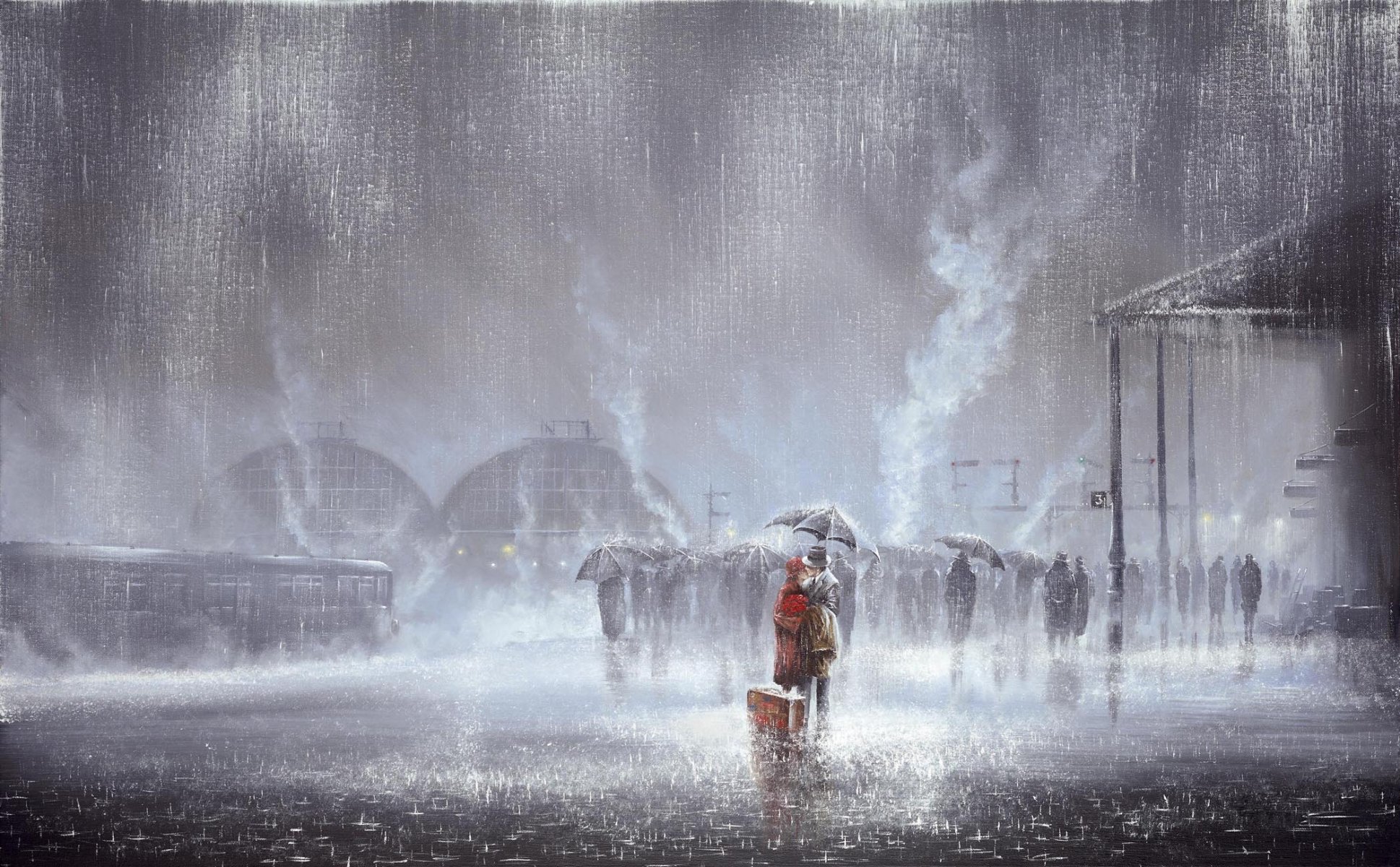 pattern jeff rowland rain railway station two meeting love kiss men a woman umbrellas bag car people