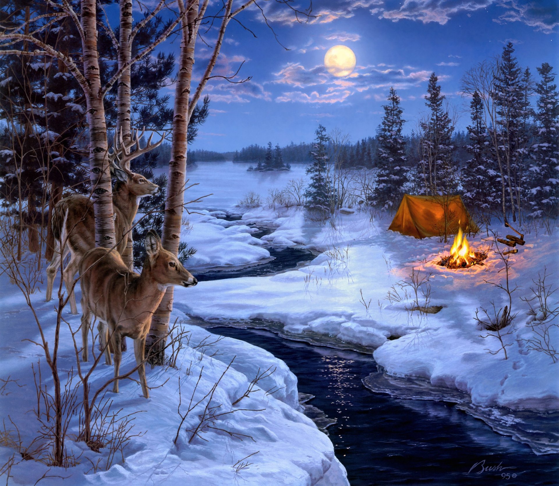 darrell bush ombre de la lune peinture hiver neige animaux cerfs lune ruisseau tente feu de camp feu hache sapin