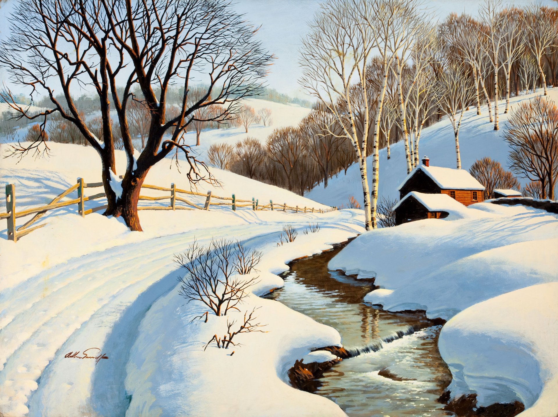 winter blanket arthur saron sarnoff painting winter river creek house road tree birch