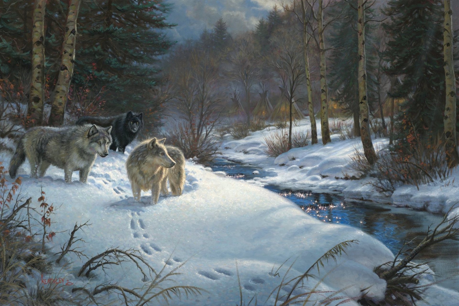 mark keathley valley of shadows painting winter forest creek animals wolves night of the yurt