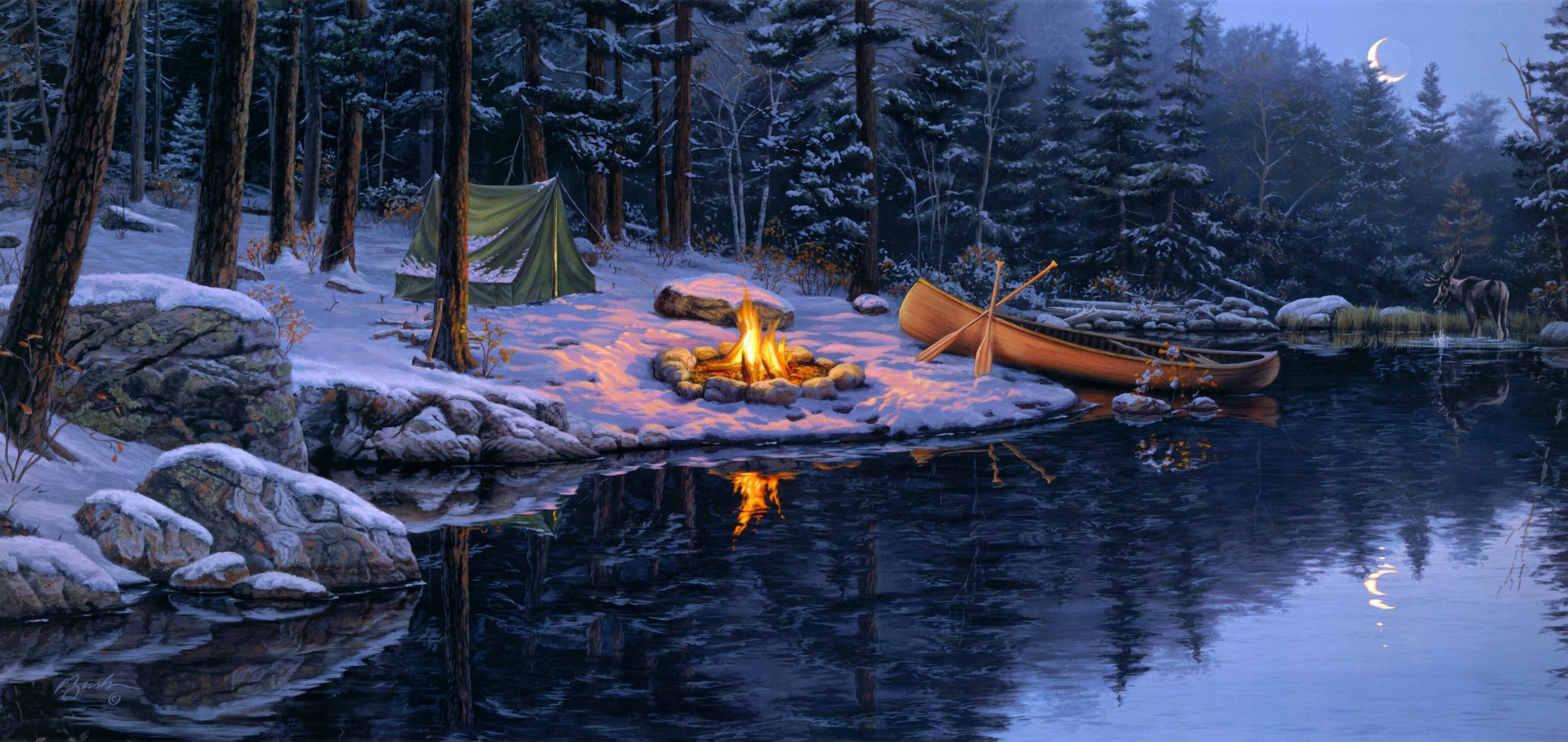 darrell bush saltar en los pinos pintura bosque abeto pinos carpa fogata lago barco alces luna nieve finales de otoño invierno