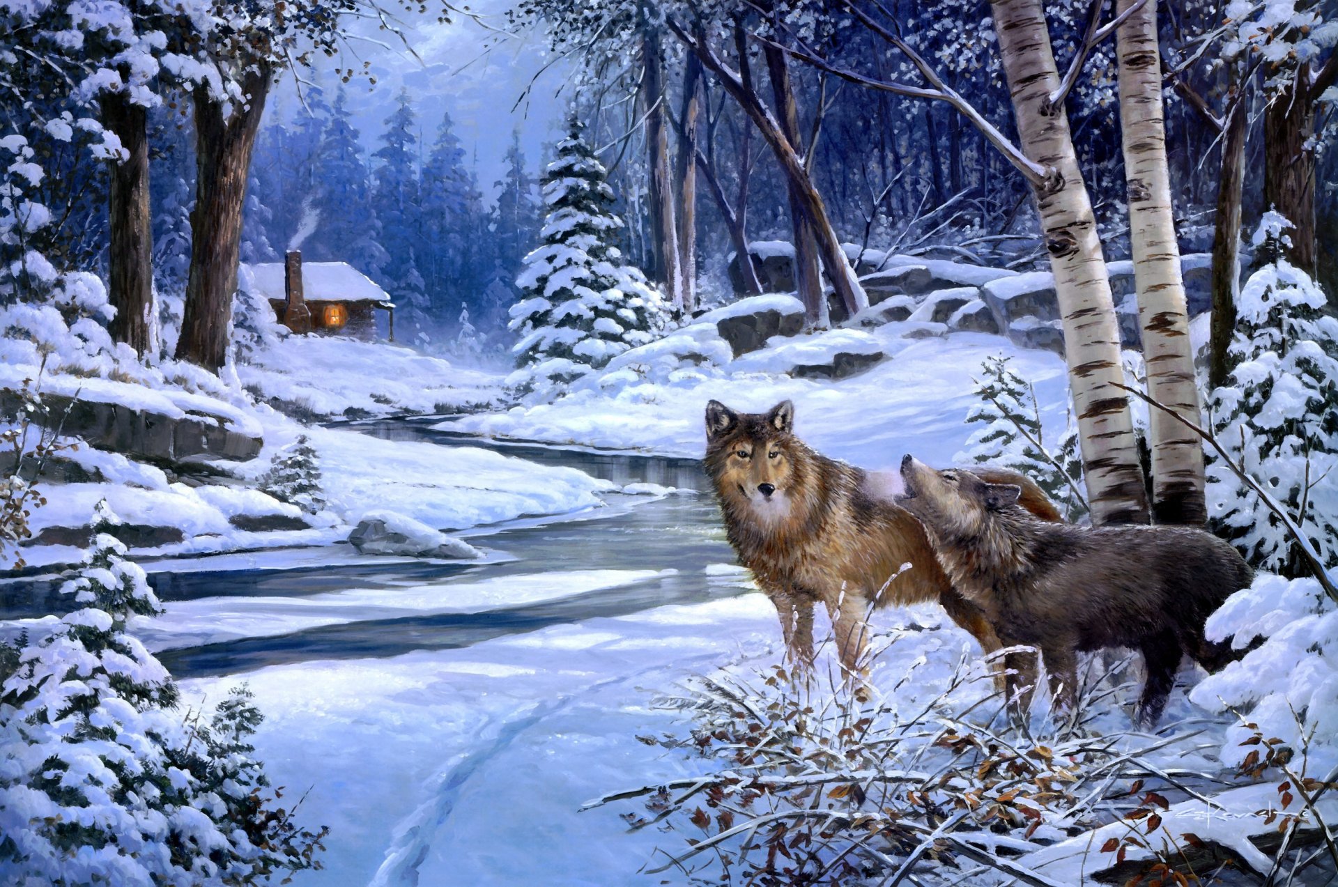 george kovacs torna a cabin creek pittura animali lupo lupi inverno neve foresta fiume lodge capanna