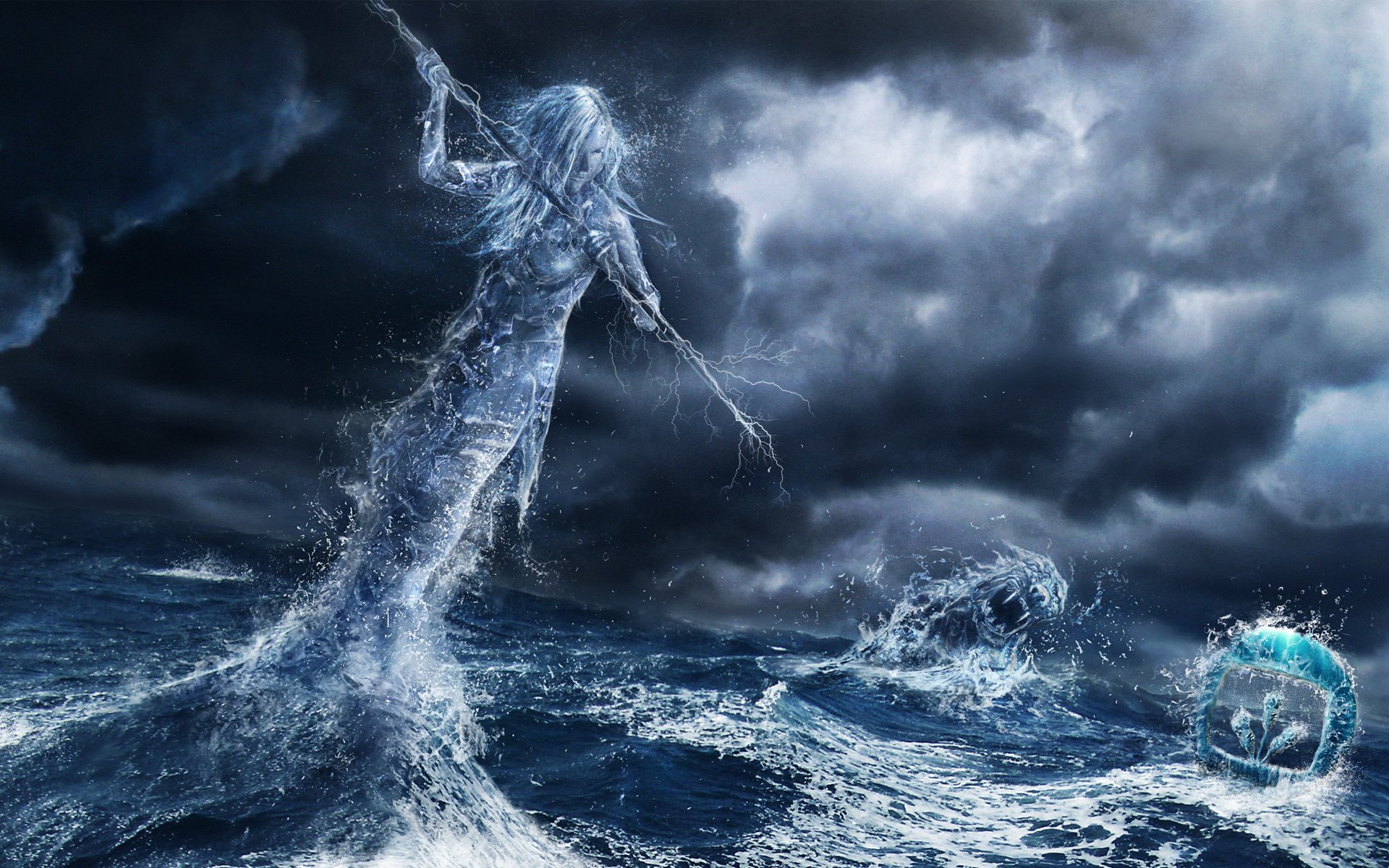 art sea storm girl spirit monster spear cloud